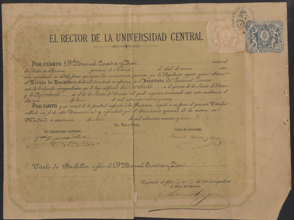 Título de Bachiller de Manuel Azaña