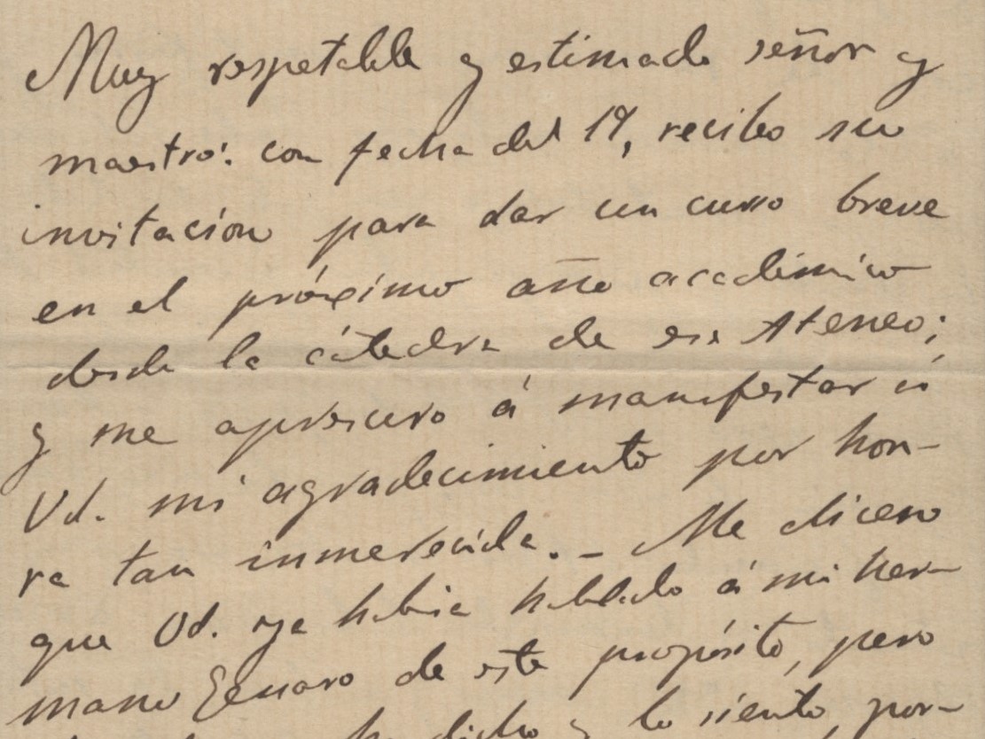 Carta manuscrita de Leopoldo Alas Clarín sobre sus conferencias en el Ateneo
