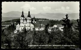 Tarjeta postal circulada de vista panorámica del Iglesia Santuario Mariatrost, el Grossgasthof Pf...