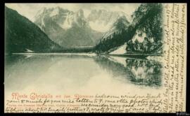 Tarjeta postal circulada de vista del paisaje del Monte Cristalo en los Alpes Dolomitas y el Lago...