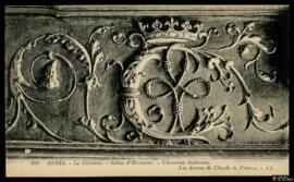 Tarjeta postal de detalle del bajorrelieve de las Armas de Claudia de Francia en la Chimenea del ...