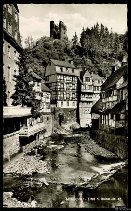 Tarjeta postal de vista exterior de la ciudad de Monschau y las ruinas del Castillo de Hailer en ...