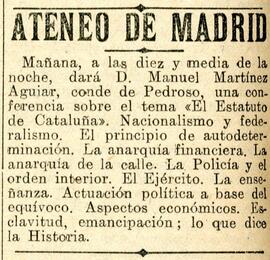 1931-08-18. Anuncio de conferencia de Manuel Martínez Aguiar, conde de Pedroso, sobre el Estatuto...