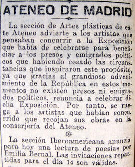 1931-04-21. Exposición cancelada y lectura de poesía de Emilia Bernal. El Liberal (Madrid)