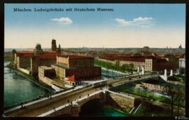 Tarjeta postal a color de vista panorámica del Lüdwigsbrücke y el Deutschem Museum en Múnich