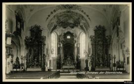 Tarjeta postal de fotografía de bromuro de plata vista interior de la Pfarrkirche en Mittenwald e...