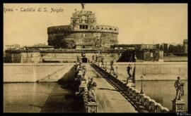 Tarjeta postal de vista panorámica del Castillo de Sant'Angelo y el Puente del mismo nombre de Roma