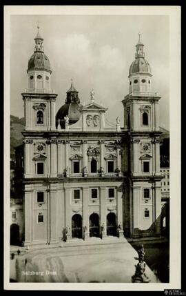 Tarjeta postal de vista exterior de la fachada principal de la Catedral de Salzburgo