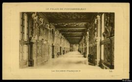 Tarjeta postal de litografía de vista interior de la Galería de Francisco I en el Palacio de Font...