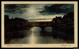Tarjeta postal circulada de ilustración a color de paisaje de luna llena junto al Ponte Vecchio d...