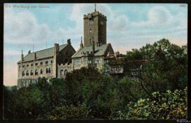 Tarjeta postal pintada a color de vista exterior del Castillo de Wartburg desde el este editada p...