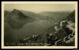 Tarjeta postal de vista panorámica de Lugano, el Monte San Salvatore y el Monte Rosa editada por ...