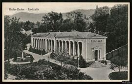 Tarjeta postal de vista panorámica de la Trinkhalle de Baden-Baden editada por Stengel & Co.