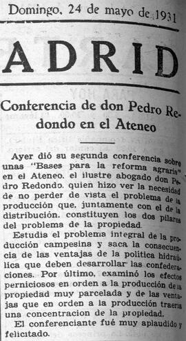 1931-05-24. Conferencia de Pedro Redondo. Ahora (Madrid)