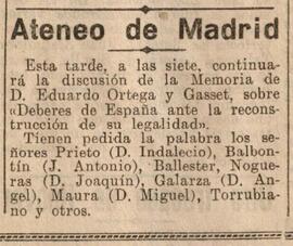 1930-06-27. Anuncio de la discusión de la Memoria de Eduardo Ortega y Gasset . El Liberal (Madrid)