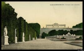 Tarjeta postal a color de vista panorámica del parterre y la Glorieta del Palacio de Schönbrunn e...