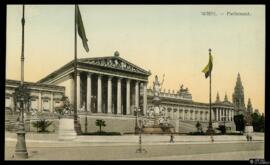 Tarjeta postal a color de vista exterior del Parlamento de Viena editada por el Verlag W. D. W. I.