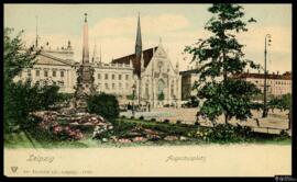 Tarjeta postal a color de vista exterior de la Augustusplatz de Leipzig editada por Dr. Trenkler ...