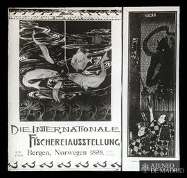 Dos carteles publicitarios. Uno anuncia el "Die internationale fischereiausstellung" (B...