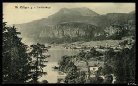 Tarjeta postal de vista general de Sankt Gilgen y la montaña Zwölferkogl en los Alpes tiroleses e...