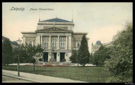 Tarjeta postal a color de vista exterior de la Neues Konzerthaus de Leipzig editada por Johannes ...