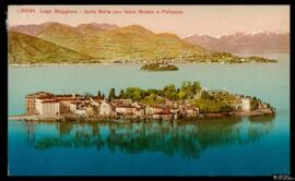 Tarjeta postal a color de vista panorámica de la Isola Bella, Isola Madre y Pallanza en el Lago M...