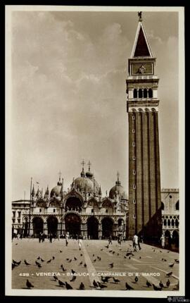 Tarjeta postal de vista exterior del Campanile y la Basílica de San Marcos de Venecia editada por...