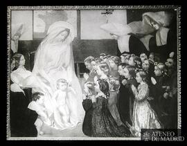 
La Virgen y el Niño junto a un grupo de monjas y niñas que les adoran
