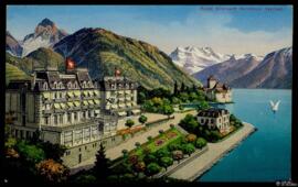 Tarjeta postal a color de vista panorámica del Hôtel Bonivard de Montreux