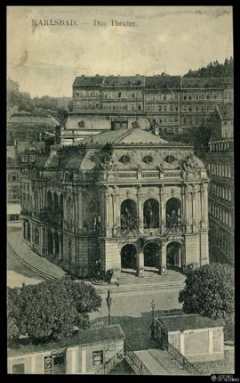 Tarjeta postal de vista exterior del Teatro de Karloy Vary editada por el Verlag A. K. K.