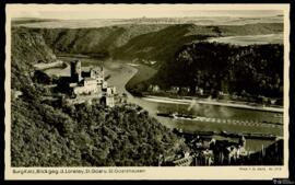 Tarjeta postal de vista panorámica del Castillo de Katz hacia el risco Lorelei, Sankt Goar y Sank...
