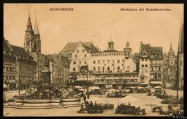 Tarjeta postal de la Marktplatz y la Sebalduskirche en Núremberg editada por el Rheinische Kunstv...