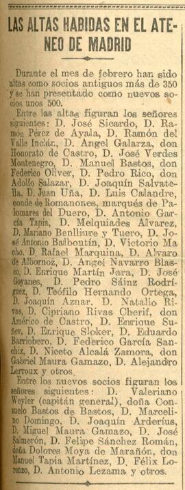 1930-03-02. Altas de socios en el Ateneo de Madrid. El Liberal (Madrid)