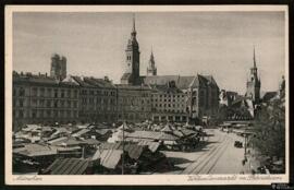 Tarjeta postal del Viktualienmarkt y la Petersturm en Múnich editada por el Kunstverlag Emil Köhn