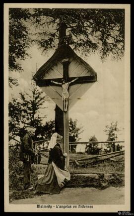 Tarjeta postal de escena costumbrista religiosa de la oración del Ángelus en Malmedy editada por ...