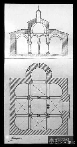 
Planta y sección de la iglesia de San Miguel de Tarrasa (Barcelona). (Dibujo de Vicente Lampérez...