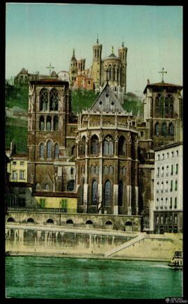 Tarjeta postal a color de vista exterior de la Catedral de San Juan Bautista de Lyon editada por ...