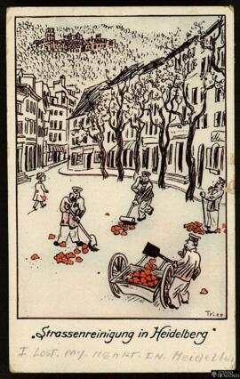 Tarjeta postal circulada de ilustración a color firmada por Trier de barrenderos en Heidelberg ed...