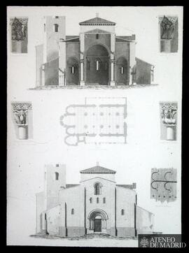 Iglesia de San Millán de Segovia. (planta, sección transversal, Imafronte, capiteles de la portad...
