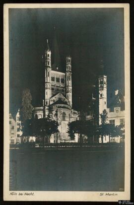 Tarjeta postal de vista exterior nocturna de la Iglesia de St. Martin en Colonia editada por el V...