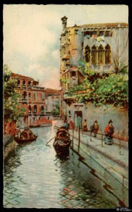 Tarjeta postal policromada de reproducción de una ilustración de gondoleros en el  Rio delle Mara...