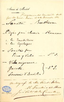 1897-12-04. Nota autógrafa de Camille Saint-Saëns