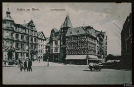 Tarjeta postal circulada de la Liebfrauenplatz en Maguncia editada por Ludwig Feist remitida a un...