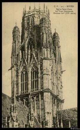 Tarjeta postal de vista exterior de la torre coronada de la Iglesia abacial de Saint-Ouen en Ruan