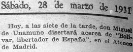 1931-03-28. Anuncio de la conferencia de Unamuno. Ahora (Madrid)