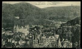 Tarjeta postal de vista panorámica de la zona Westend de Karlovy Vary editada por el Verlag A. K. K.