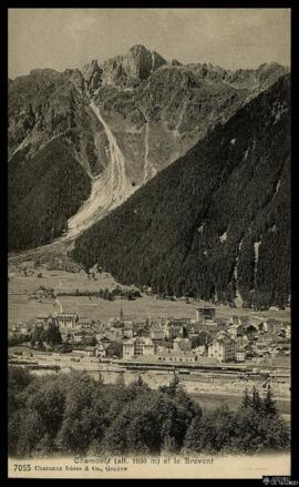 Tarjeta postal de vista general de Chamonix-Mont-Blanc y el Brévent editada por Charnaux frères &...