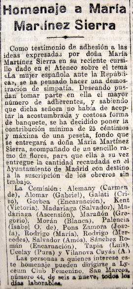 1931-06-03. Homenaje a María Martínez Sierra. El Liberal (Madrid)