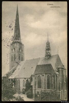 Tarjeta postal circulada de vista exterior de la Jacobkirche en Lübeck remitida a Miss Alice Nyqu...