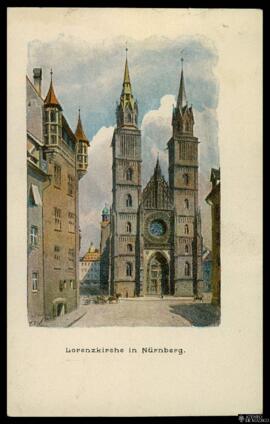 Tarjeta postal a color de vista exterior de la fachada principal de la Lorenzkirche de Núremberg